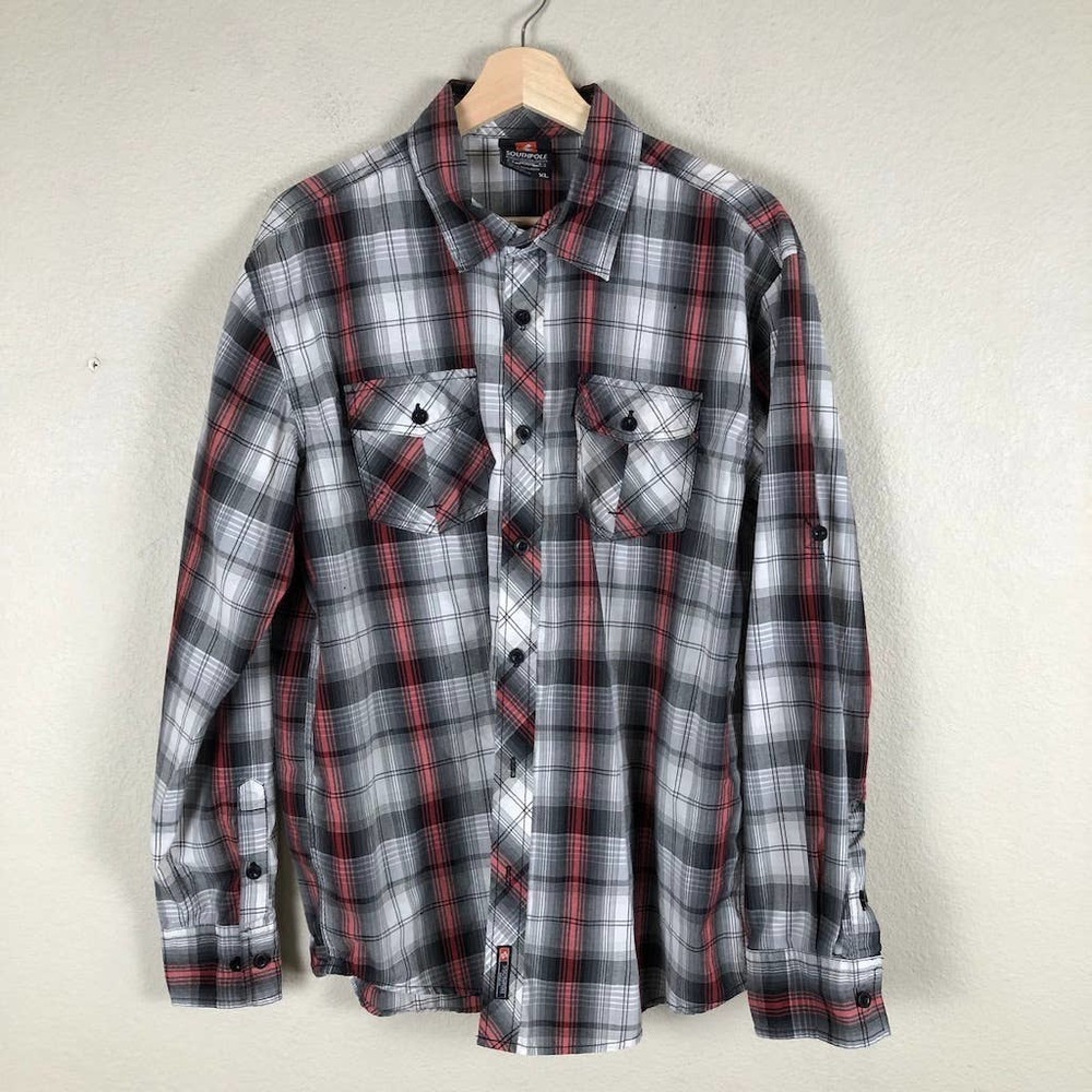 SOUTH Pole‎ Shirt Black Red Plaid  Button Down Chest Pockets Casual Size X Large